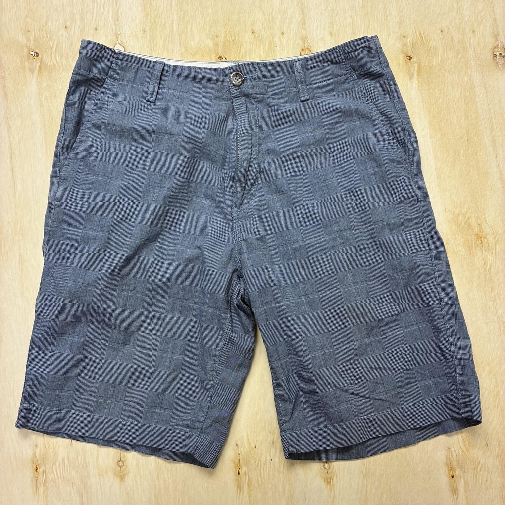 Eddie Bauer Chino Shorts Mens 32 Blue Plaid Cotton Flat Front Lightweight